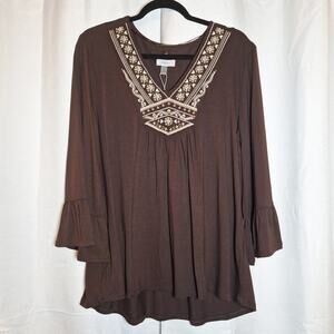Cupio Embroidered BOHO TUNIC Womens XL Chocolate Plum V-Neck Stretch Comfort NWT